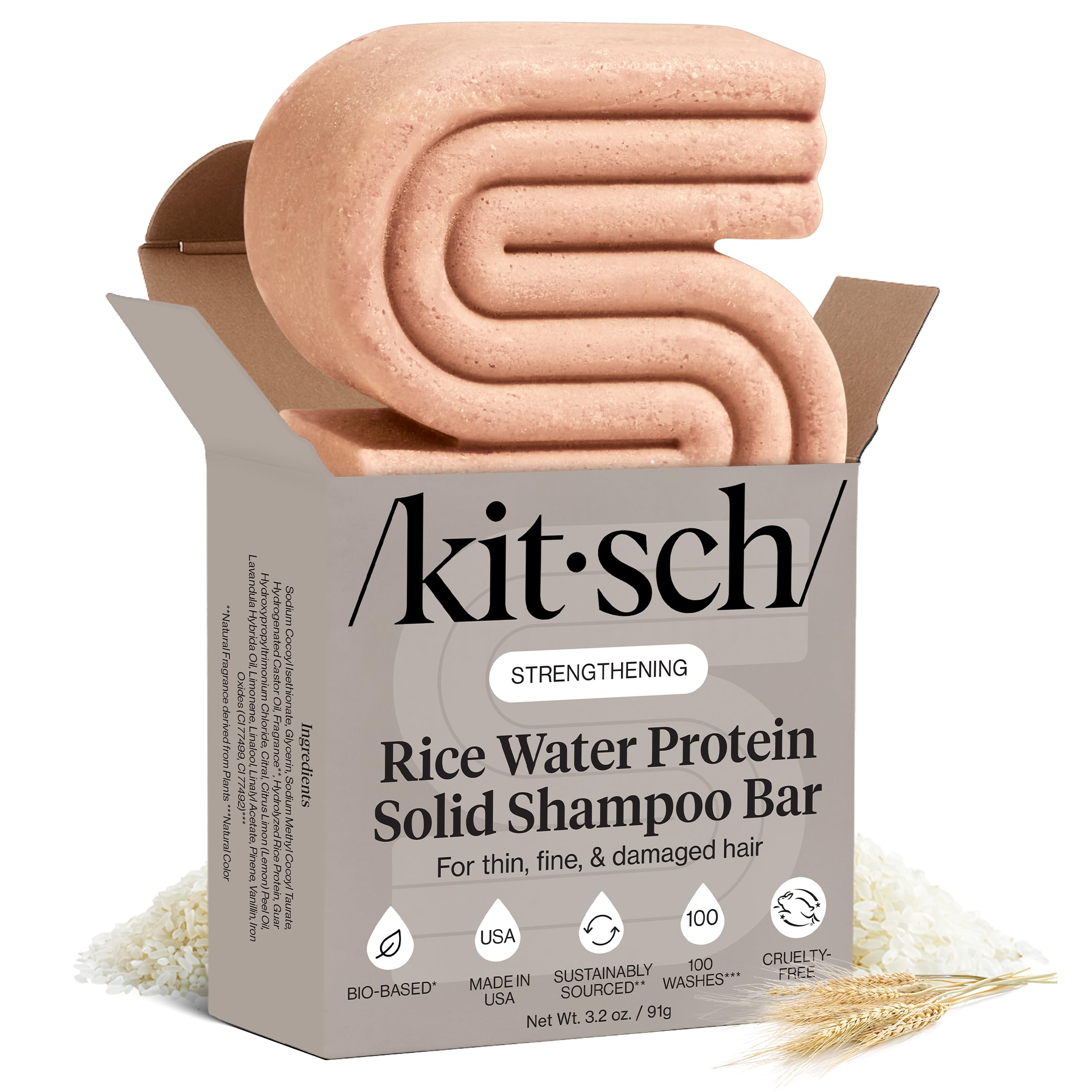 Kitsch Rice Water Shampoo Bar product shot, compact and eco-friendly for travel.
