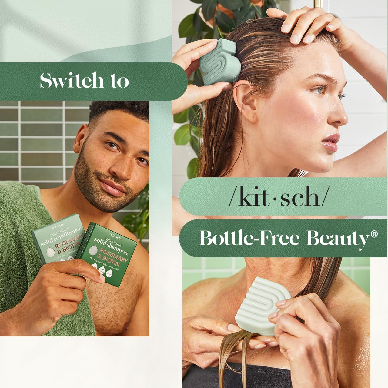 Kitsch Rosemary & Biotin packaging emphasizing eco-friendly travel-ready bars