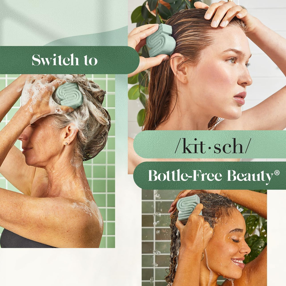 Kitsch Rosemary & Biotin Shampoo Bar on wooden shelf conveys natural aesthetics.
