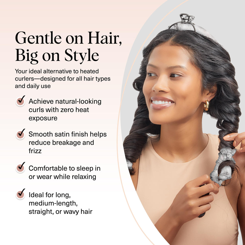 Kitsch satin heatless curling set in bed use demonstrates sleep-friendly styling.