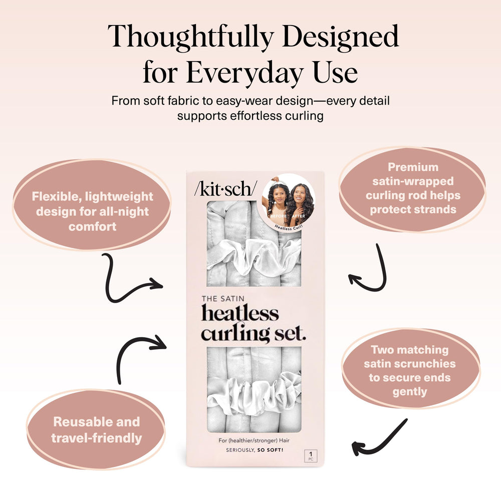 Kitsch satin heatless curling set packaging highlights gift-ready options for holidays.