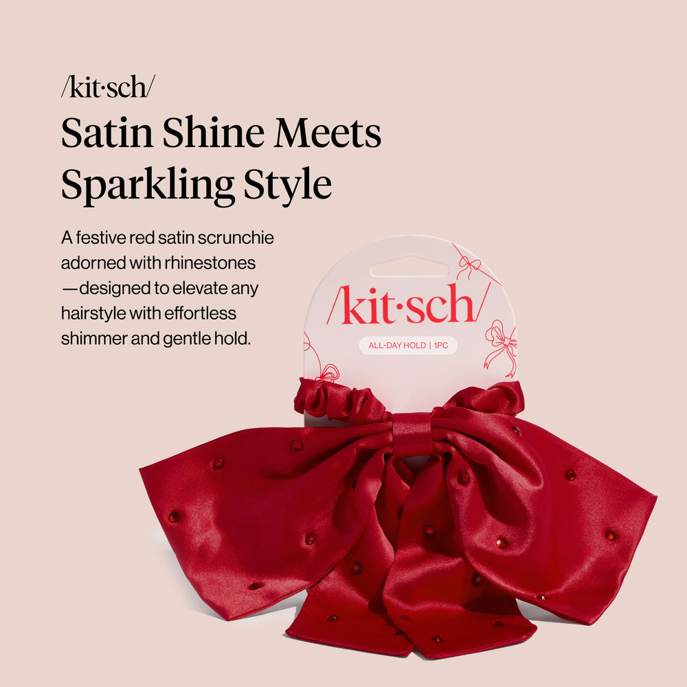 Kitsch satin scrunchie rhinestone bow on ponytail; secure daily wear.