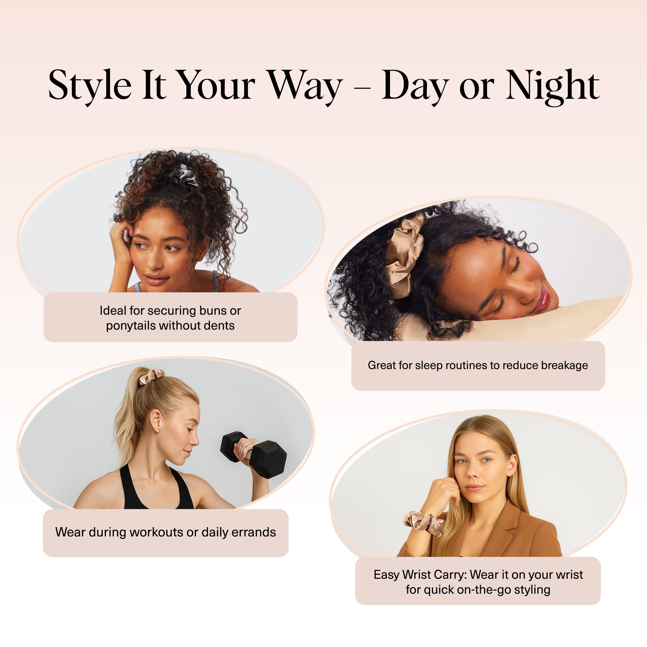 Kitsch satin scrunchies by the bed showcasing gentle sleep-friendly design