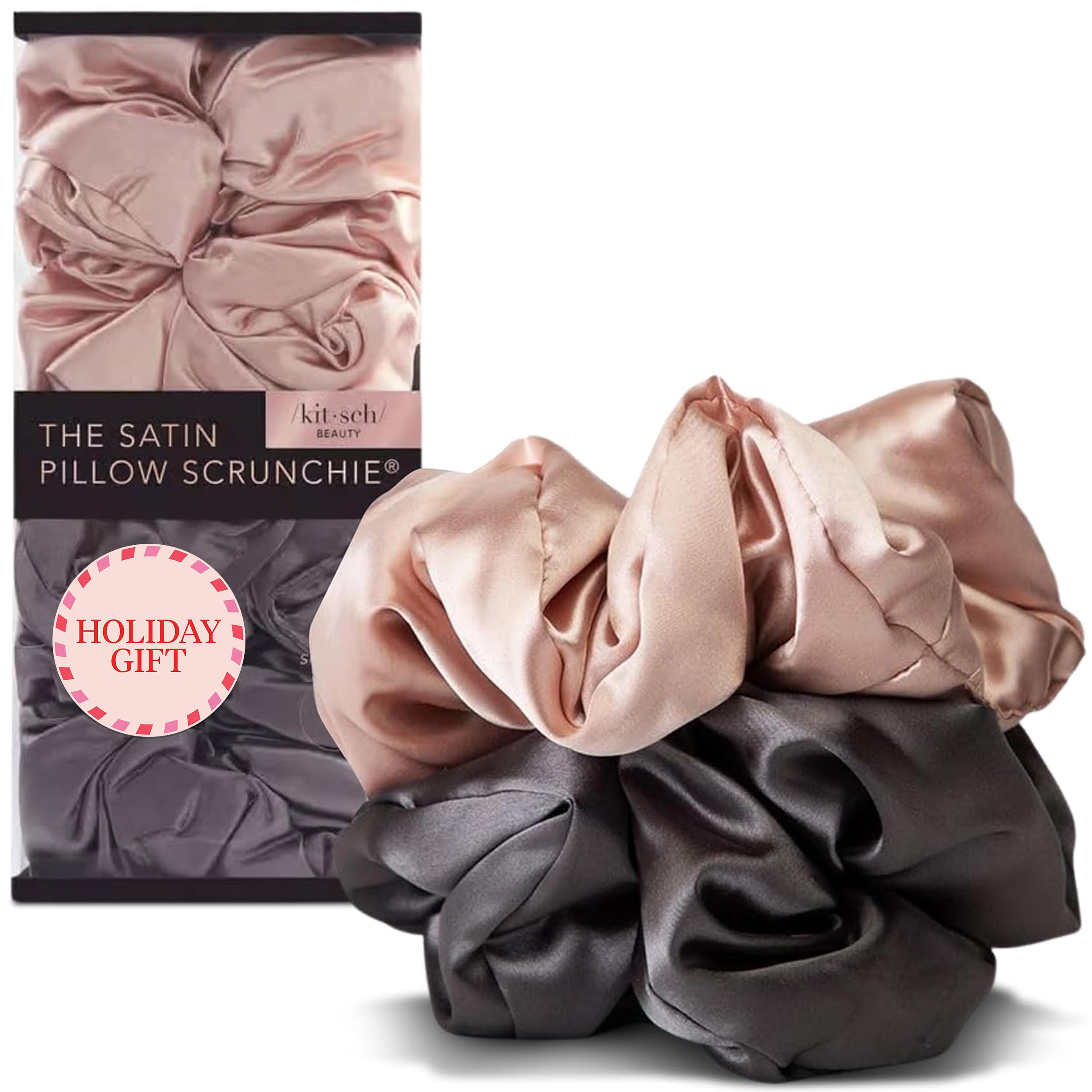 Kitsch satin hair scrunchies blush charcoal two-pack close-up showing gentle hold and frizz control.