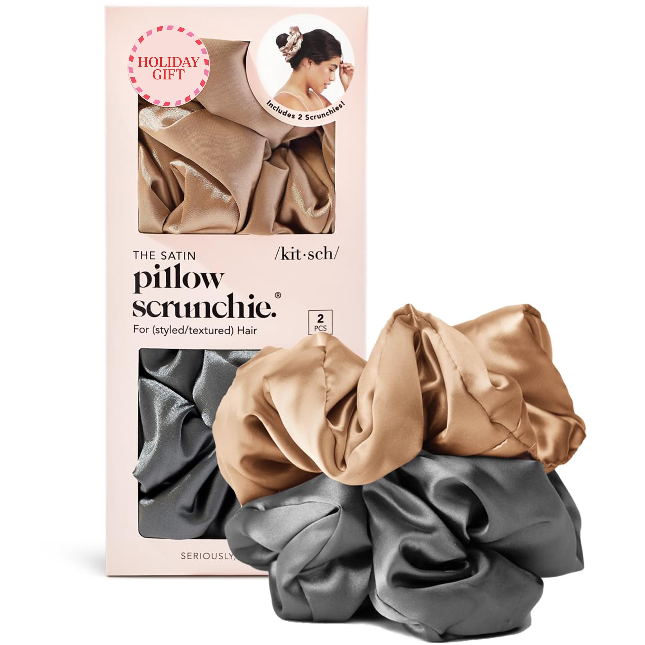 Kitsch satin scrunchies charcoal close-up showing no-crease design for comfortable wear all day