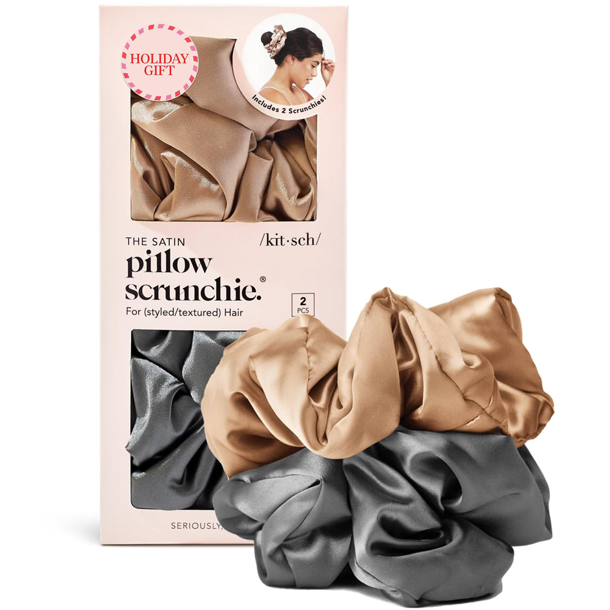 Kitsch satin scrunchies charcoal close-up showing no-crease design for comfortable wear all day