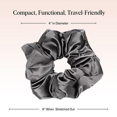 Kitsch satin scrunchies charcoal on model demonstrating crease-free styling possibility.