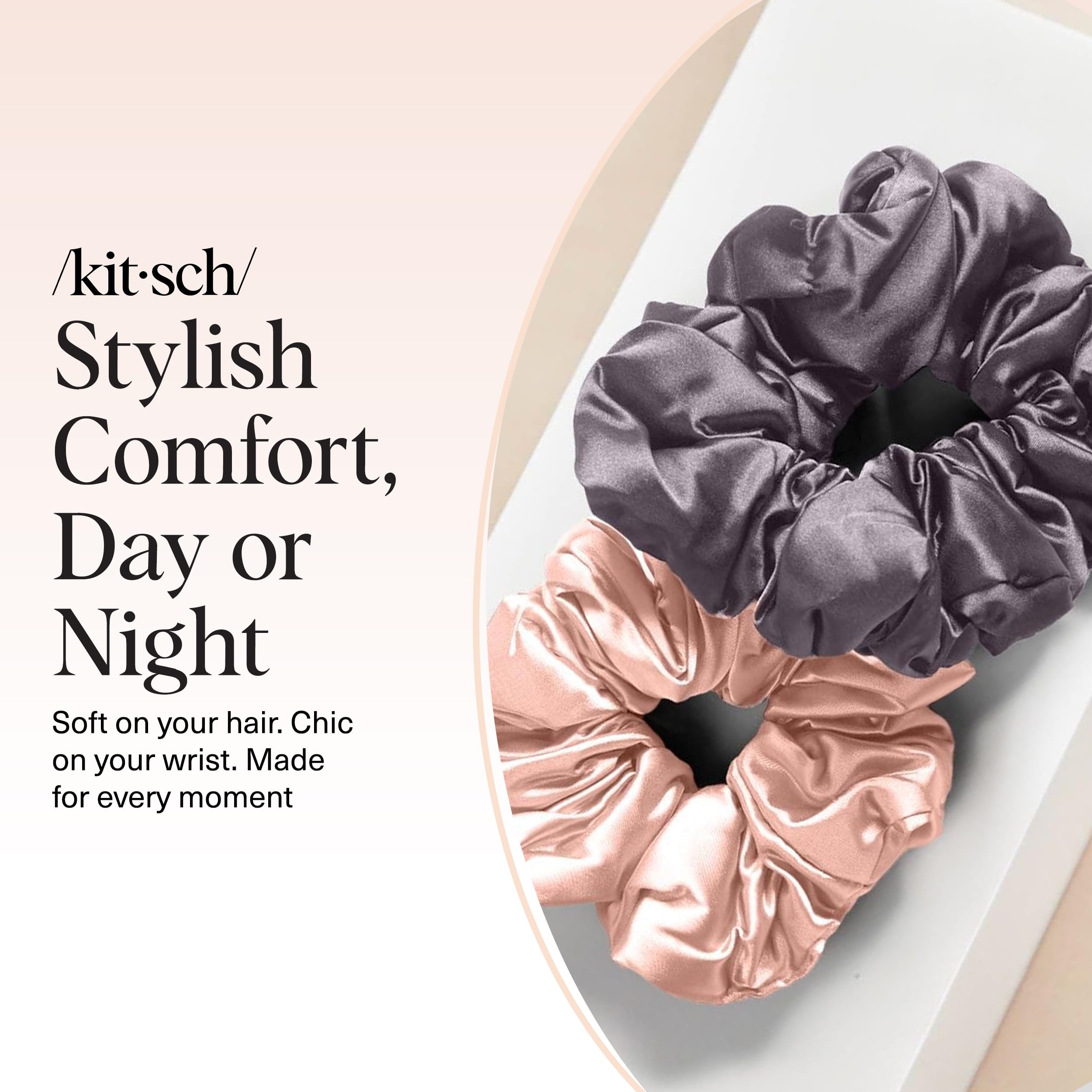 Kitsch satin scrunchies gift-ready packaging in blush and charcoal.