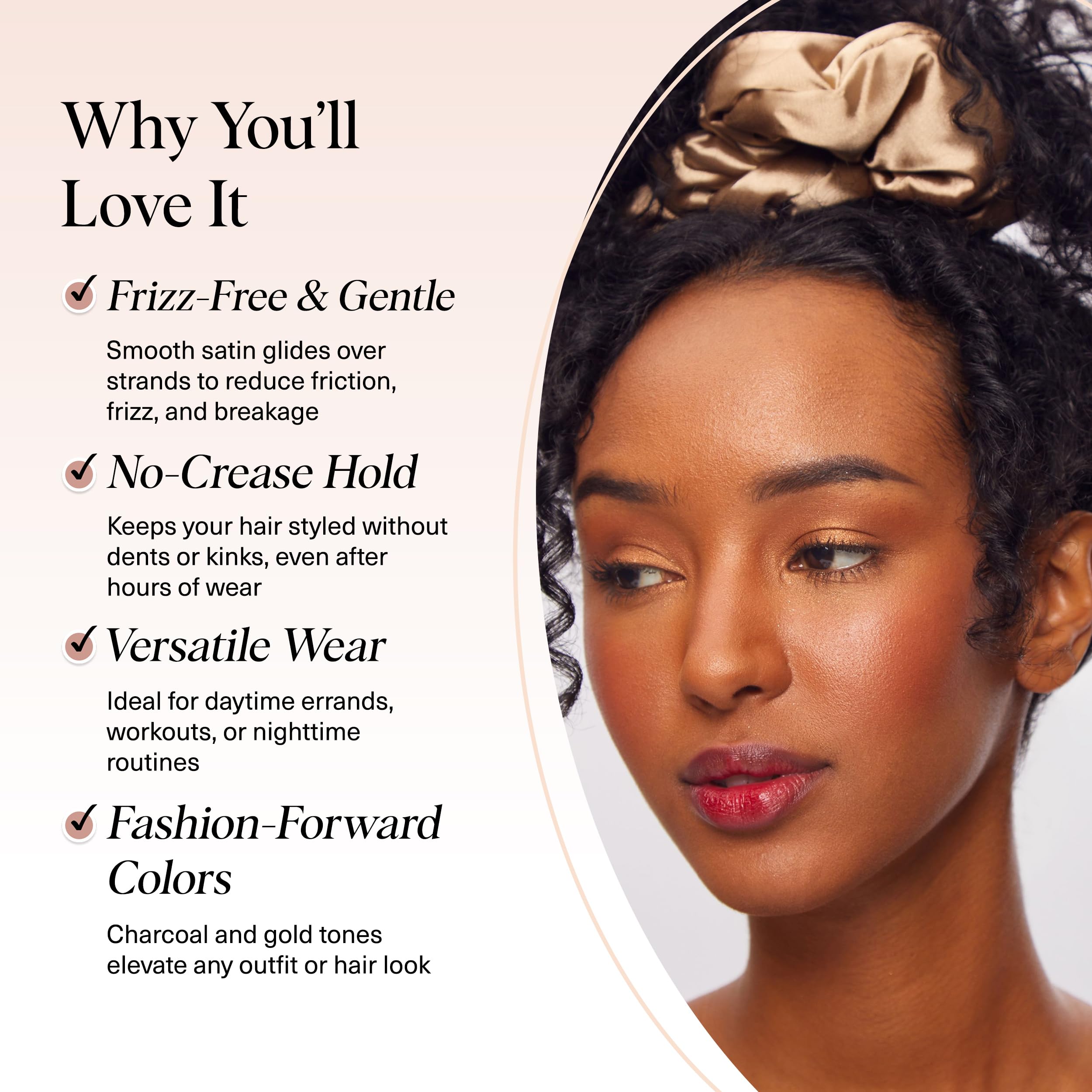 Kitsch satin scrunchies in hair bun demonstrating secure hold during activity