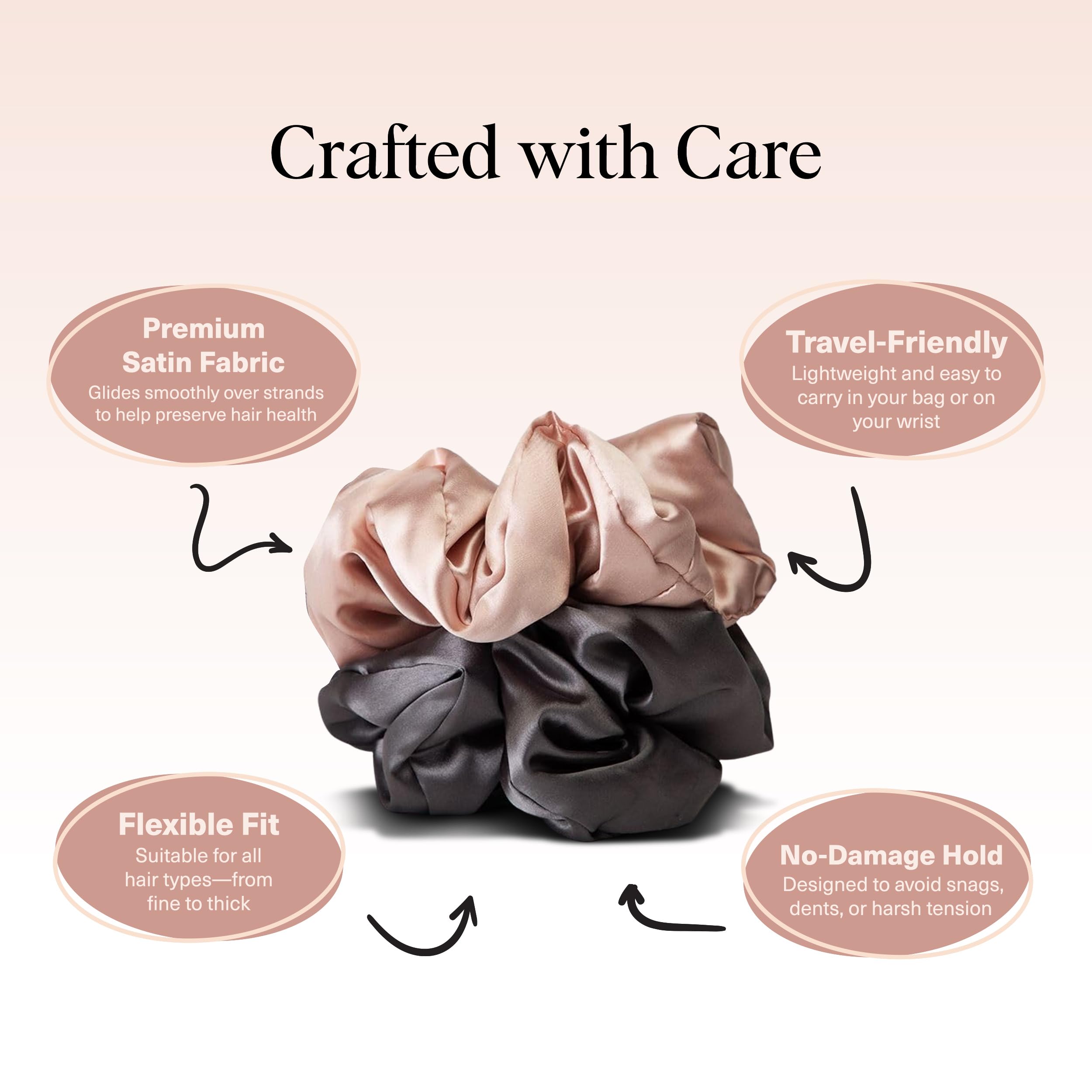 Kitsch satin scrunchies high ponytail with sleek polished finish.