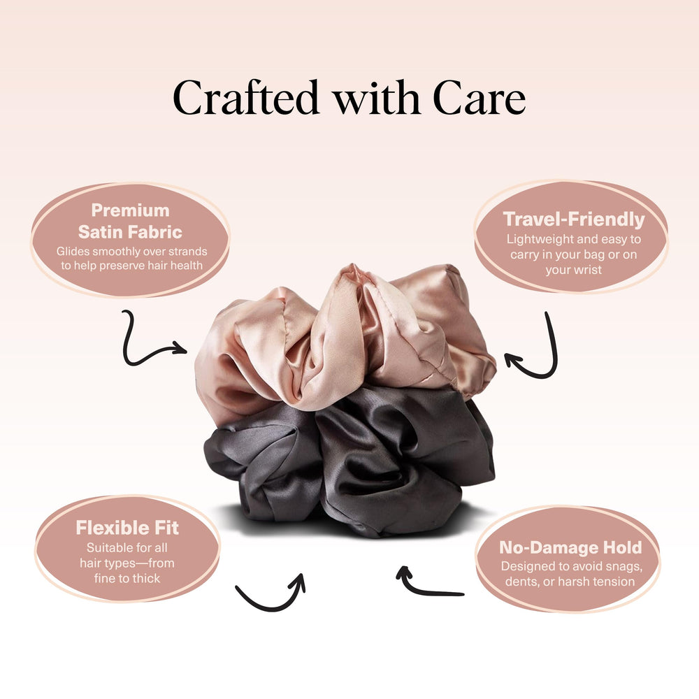 Kitsch satin scrunchies high ponytail with sleek polished finish.