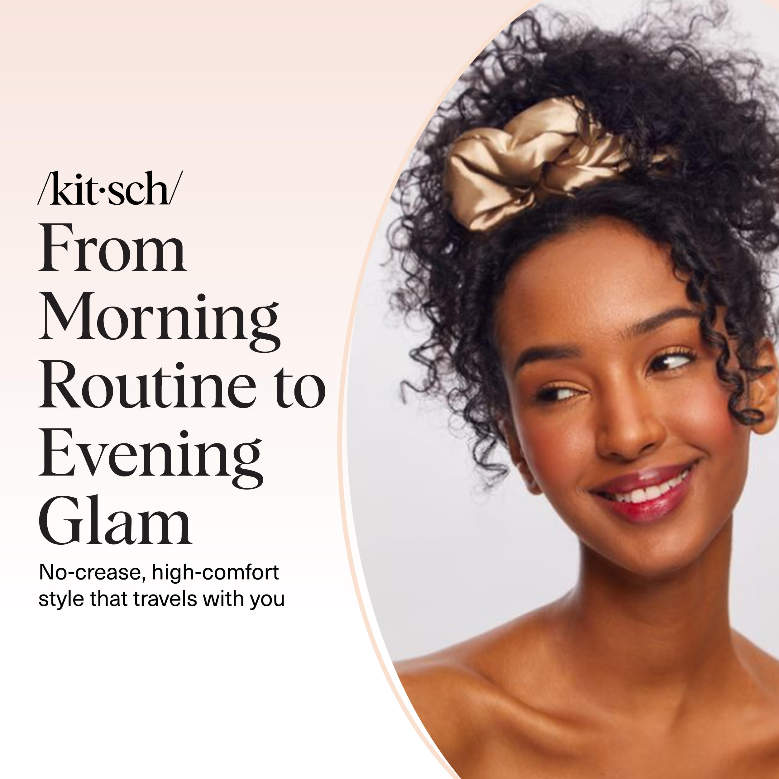 Kitsch satin scrunchies on thick hair demonstrating strong hold for volume