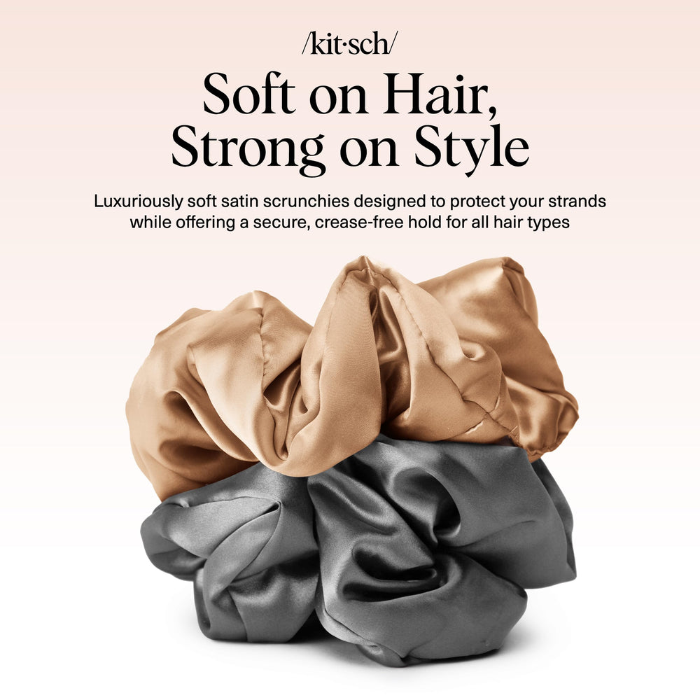 Kitsch satin scrunchies on thin hair showing gentle grip to prevent dents