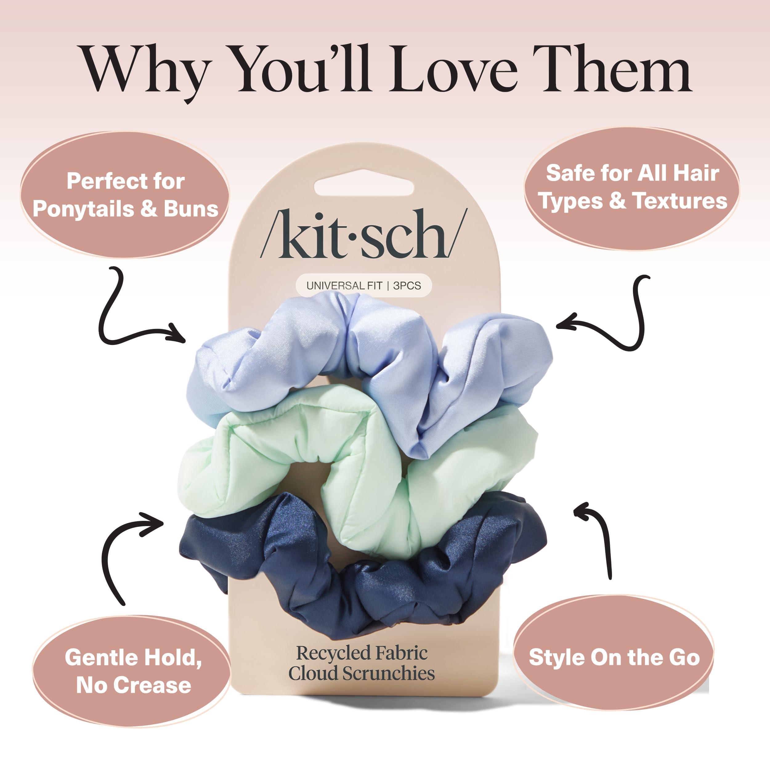 Kitsch scrunchies in use on a ponytail offering secure yet gentle hold