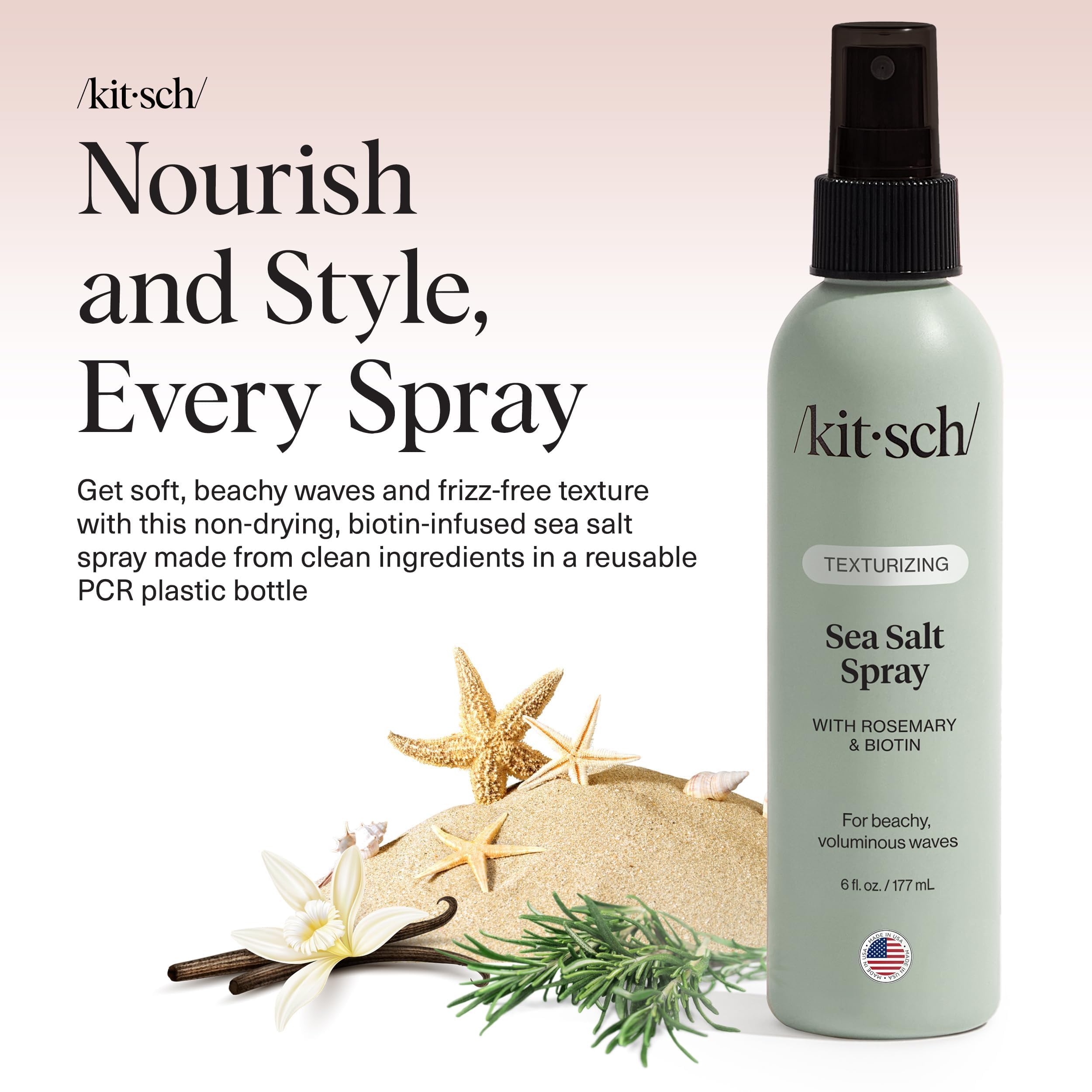 Kitsch Sea Salt Spray in hand for easy application and textured definition.