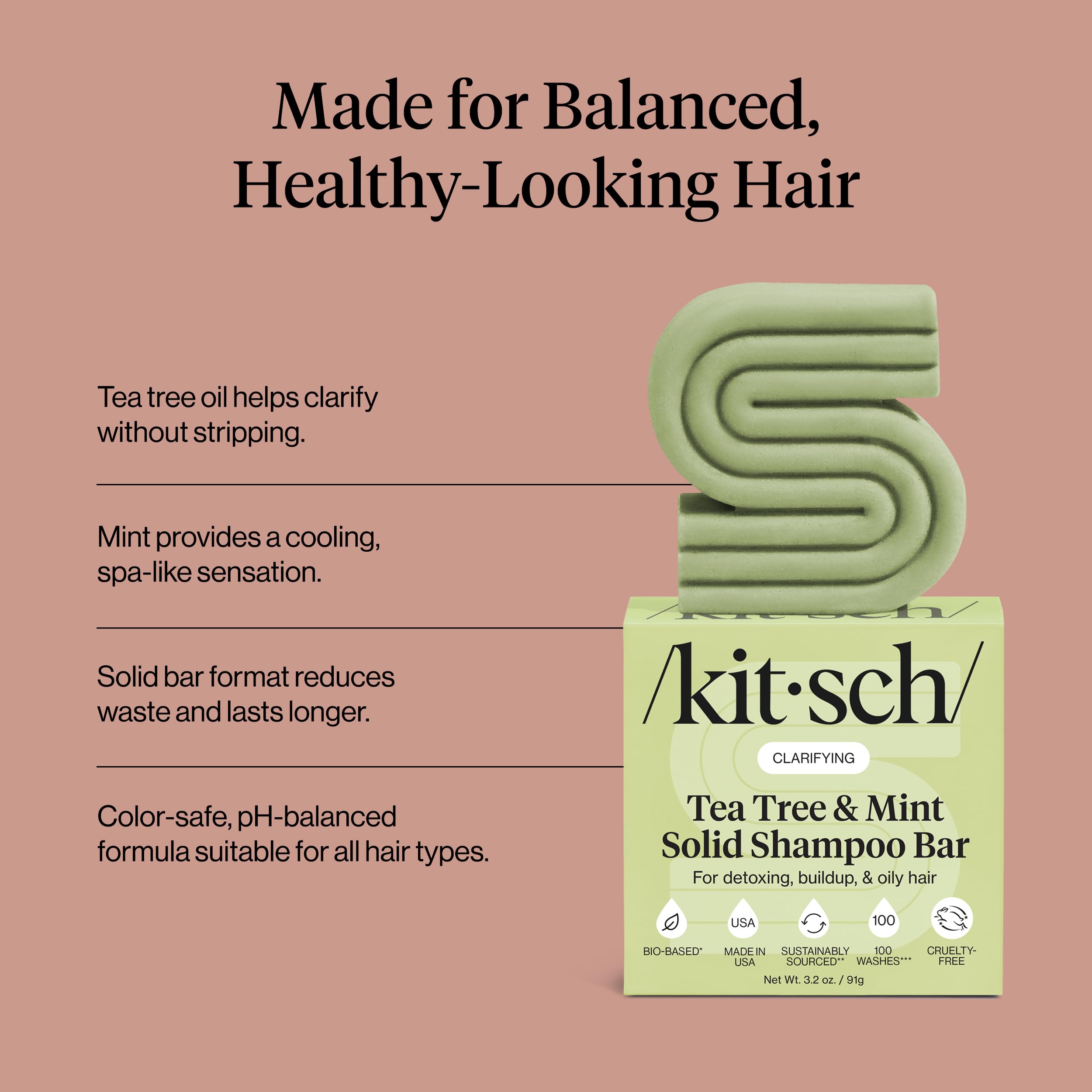 Kitsch shampoo bar ingredients highlight vegan, sulfate-free formula without parabens.