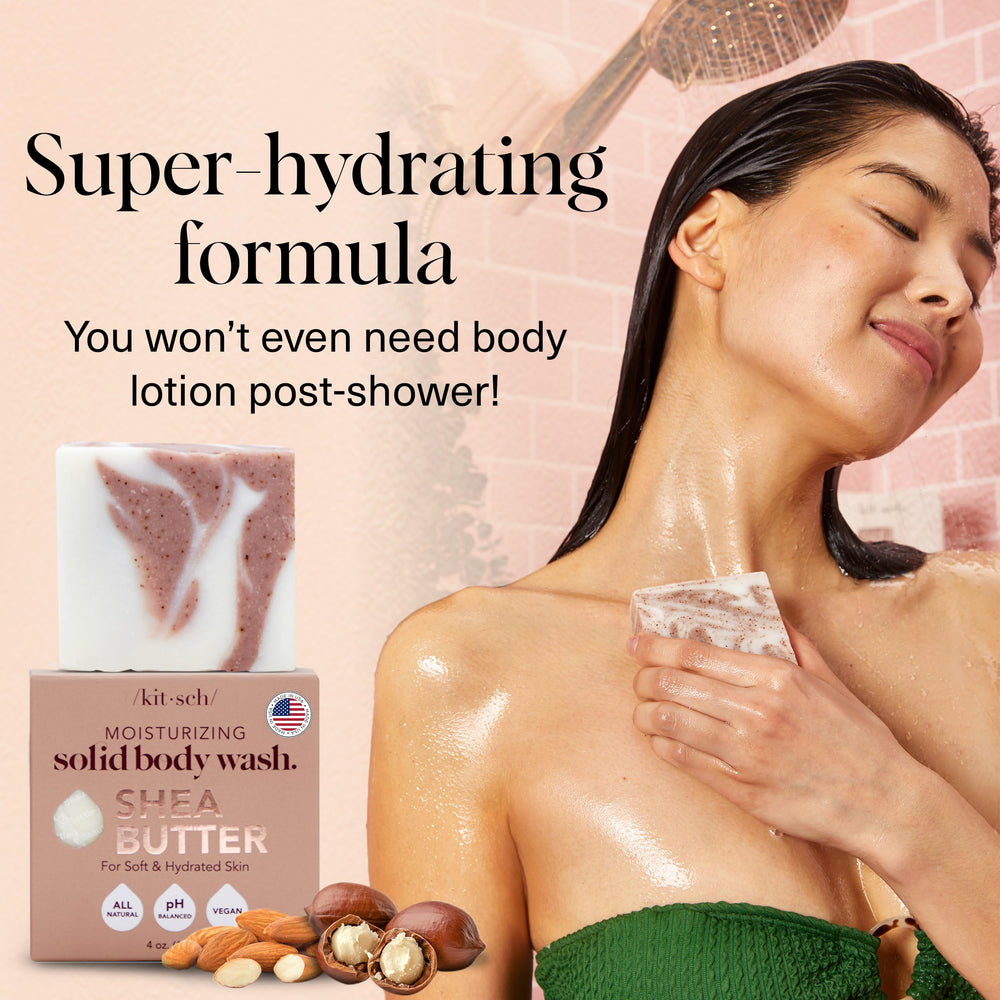 Kitsch Shea Butter Exfoliating Bar shower scene demonstrates a soothing cleanse with gentle hydration.