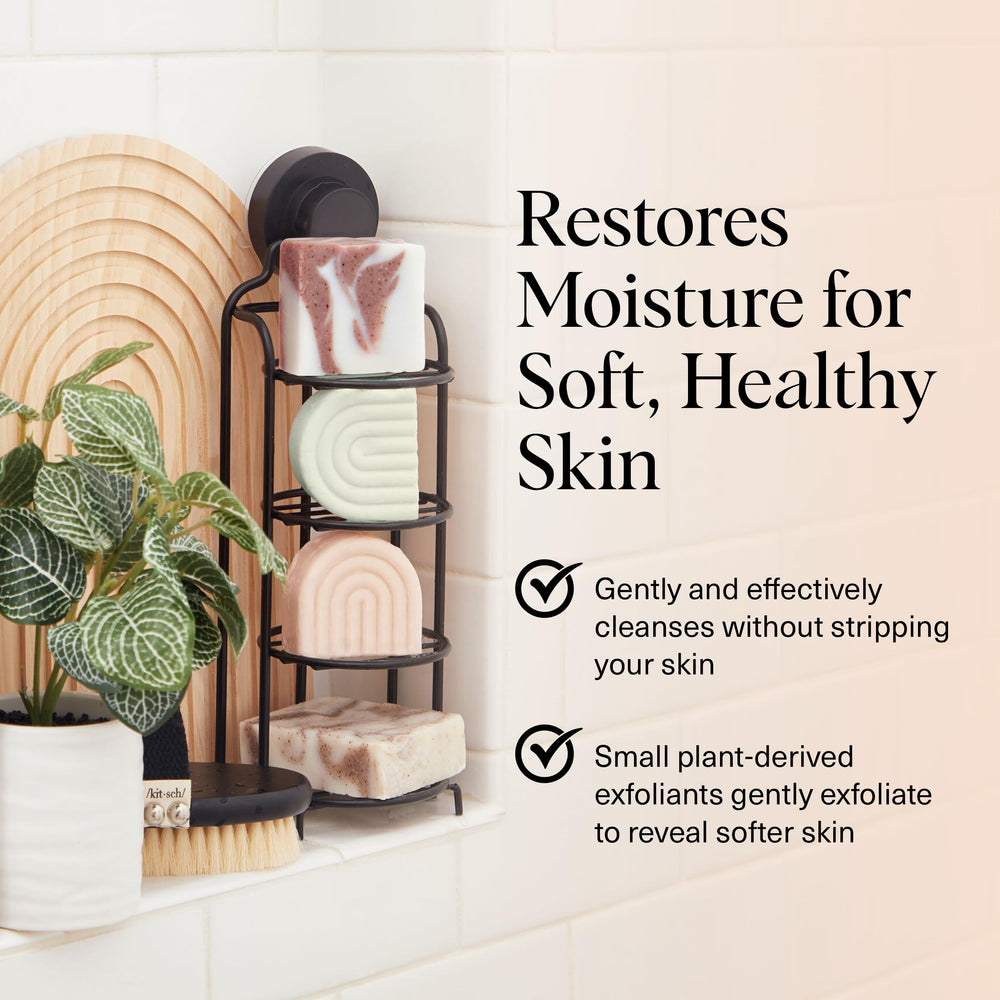 Kitsch Shea Butter Exfoliating Bar texture close-up showcases plant-based scrubs for gentle daily polish.