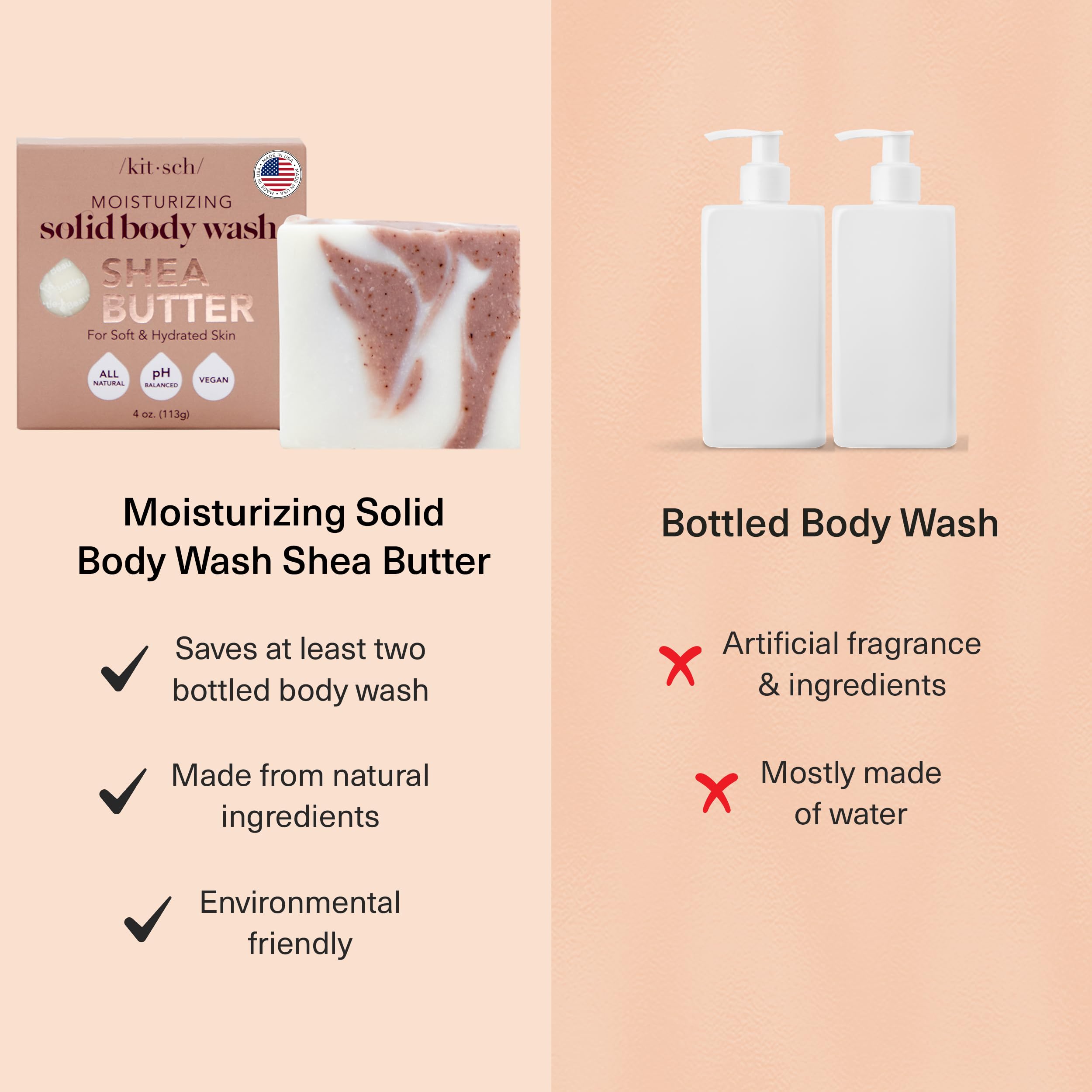 Kitsch Shea Butter Exfoliating Bar USA-made label signals quality and care for daily use.