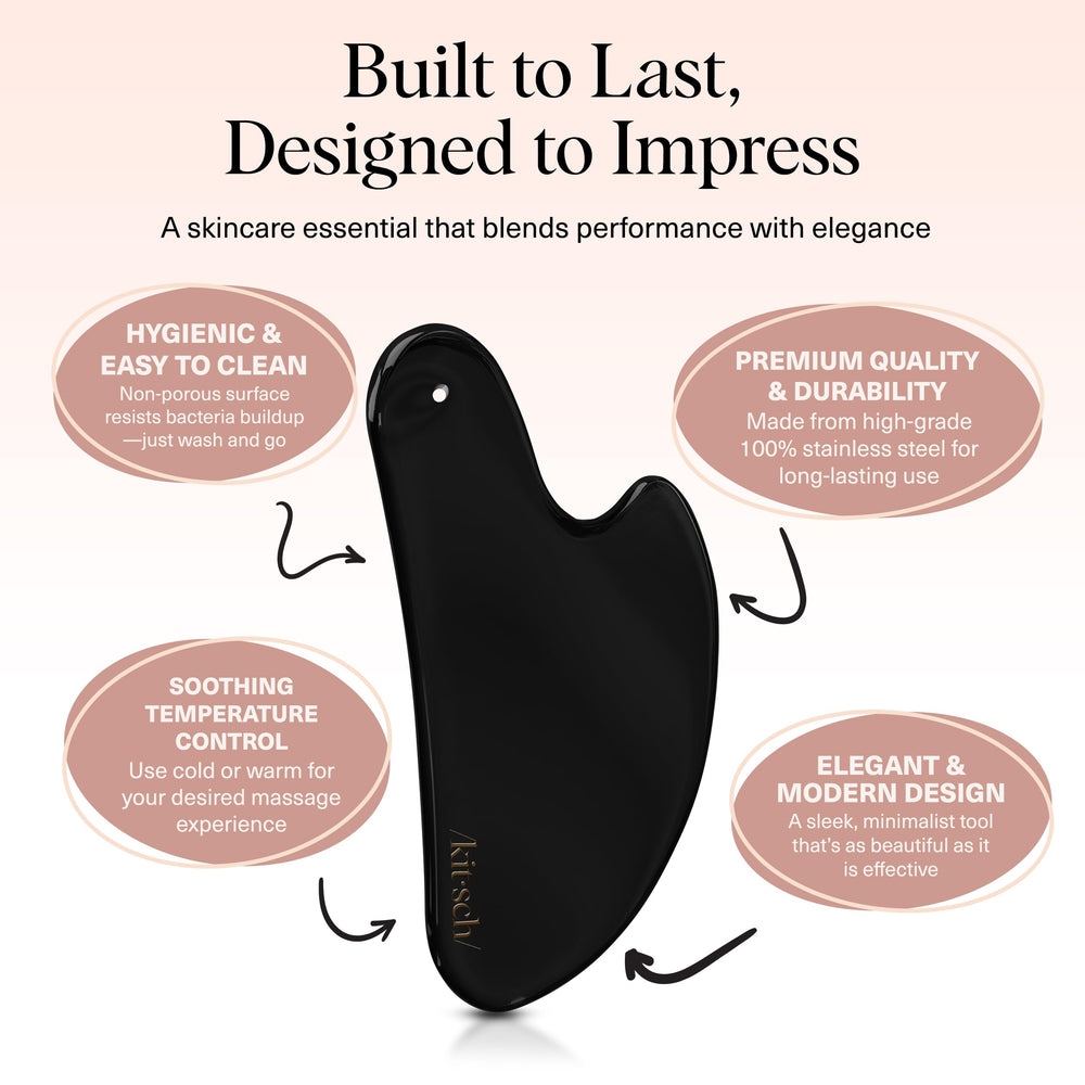 Kitsch stainless steel gua sha tool with soap bubbles emphasizes easy cleaning
