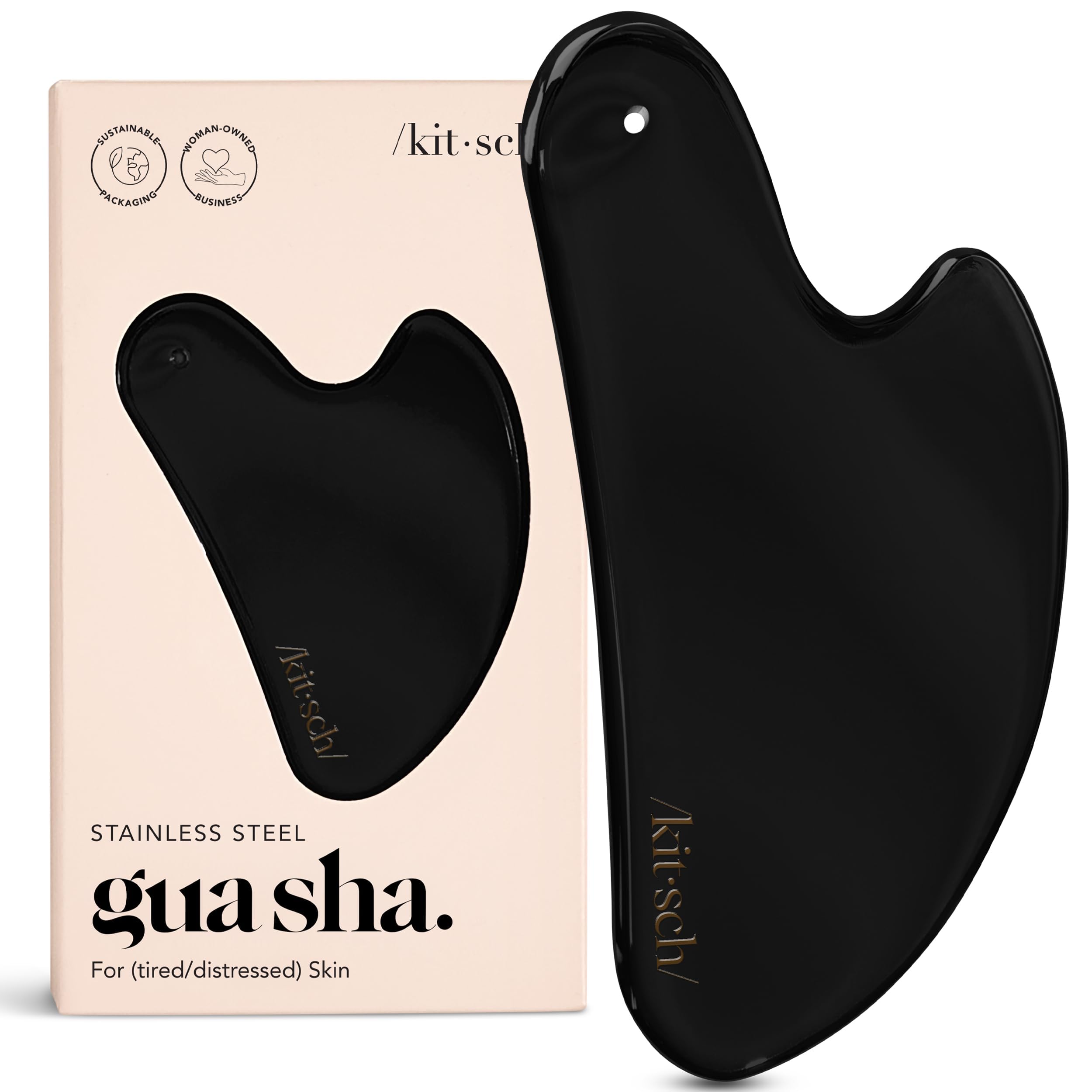 Kitsch stainless steel gua sha tool close-up for precise facial contouring massage