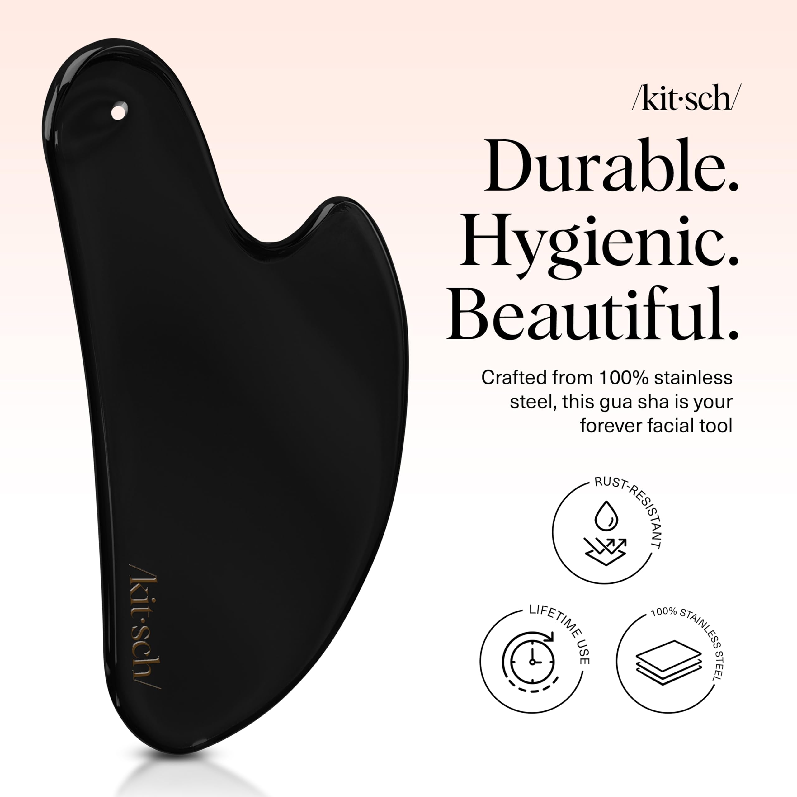 Kitsch stainless steel gua sha tool on jawline area suggests sculpting potential