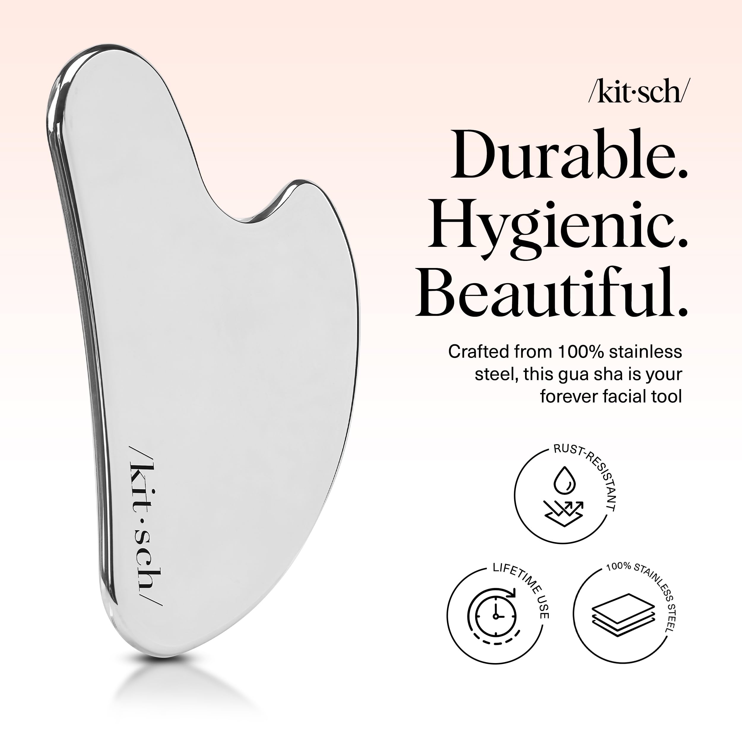 Kitsch stainless steel gua sha jawline tool showcases contoured results for defined profile.