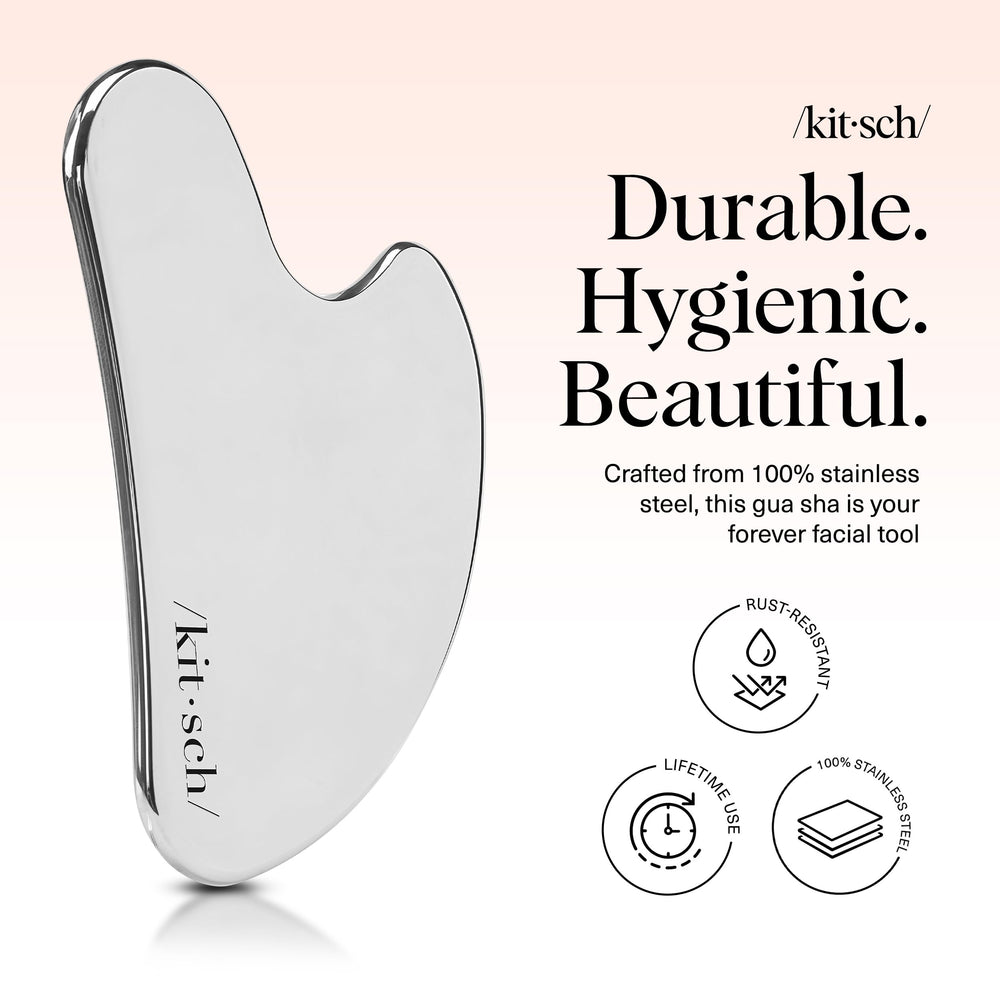 Kitsch stainless steel gua sha jawline tool showcases contoured results for defined profile.