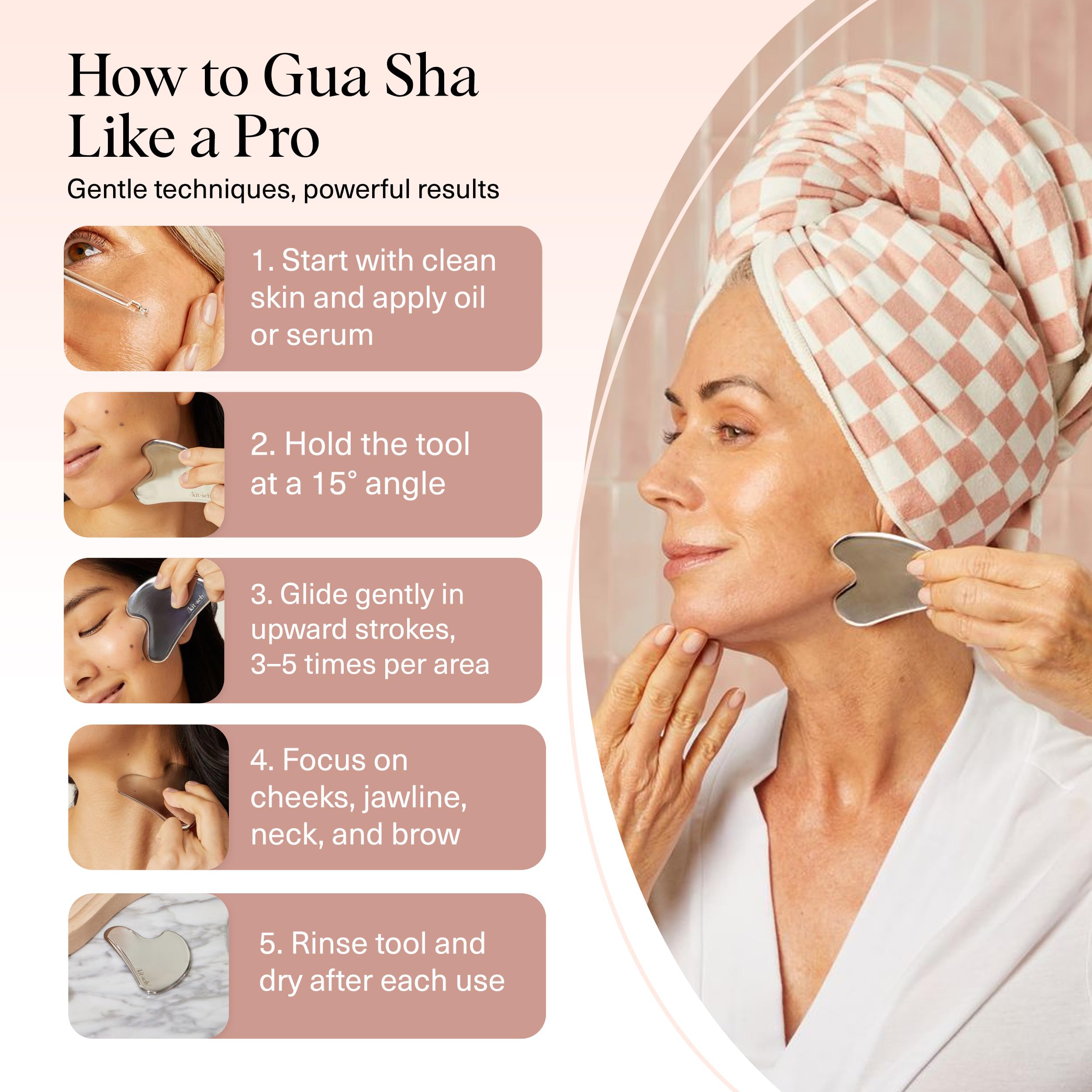 Kitsch modern-design gua sha with sleek finish on a vanity display.