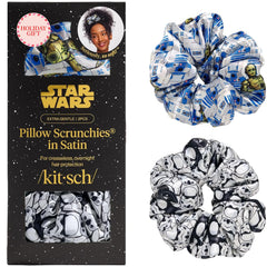 Kitsch Star Wars satin scrunchies featuring R2-D2 design reduce hair creasing and add playful style.