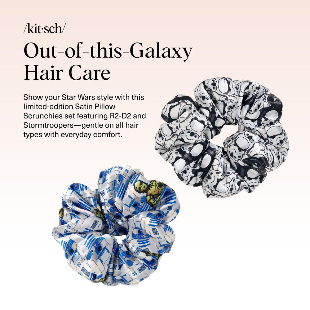 Kitsch Star Wars satin scrunchies featuring Stormtrooper design offer gentle hold without pulling.