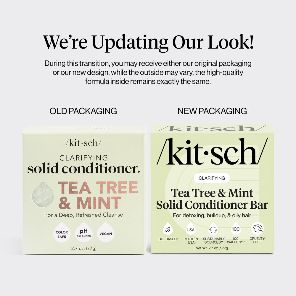 Kitsch tea tree mint conditioner bar in shower promotes refreshed scalp and lightweight hydration.