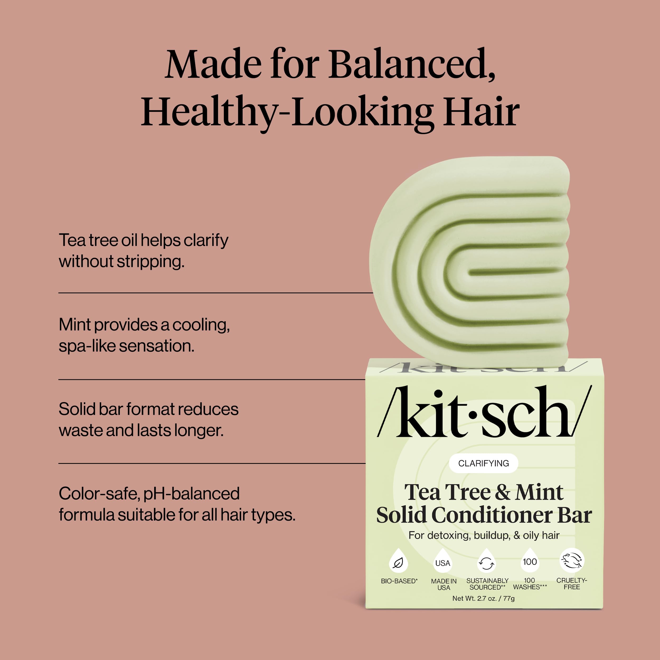 Kitsch tea tree mint conditioner bar label mentions Dandrilys for healthy-looking scalp.