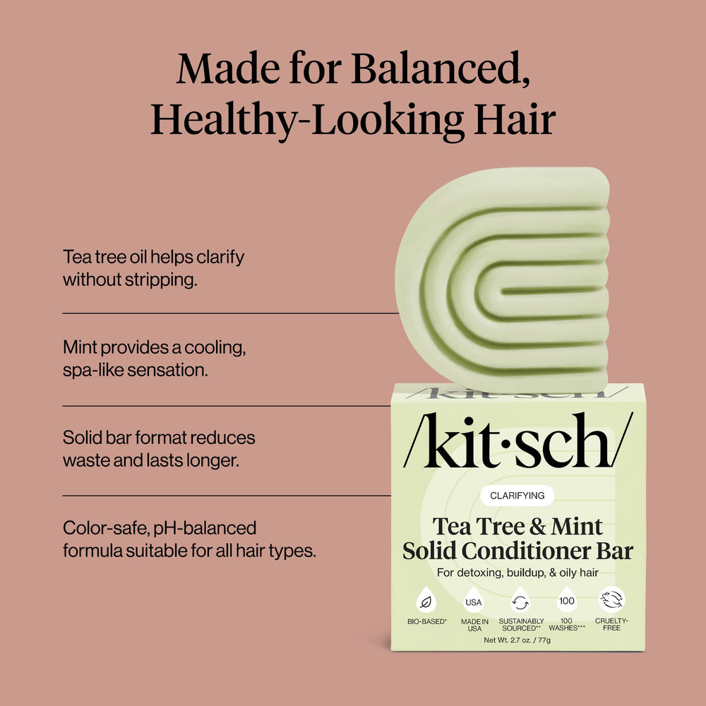 Kitsch tea tree mint conditioner bar label mentions Dandrilys for healthy-looking scalp.