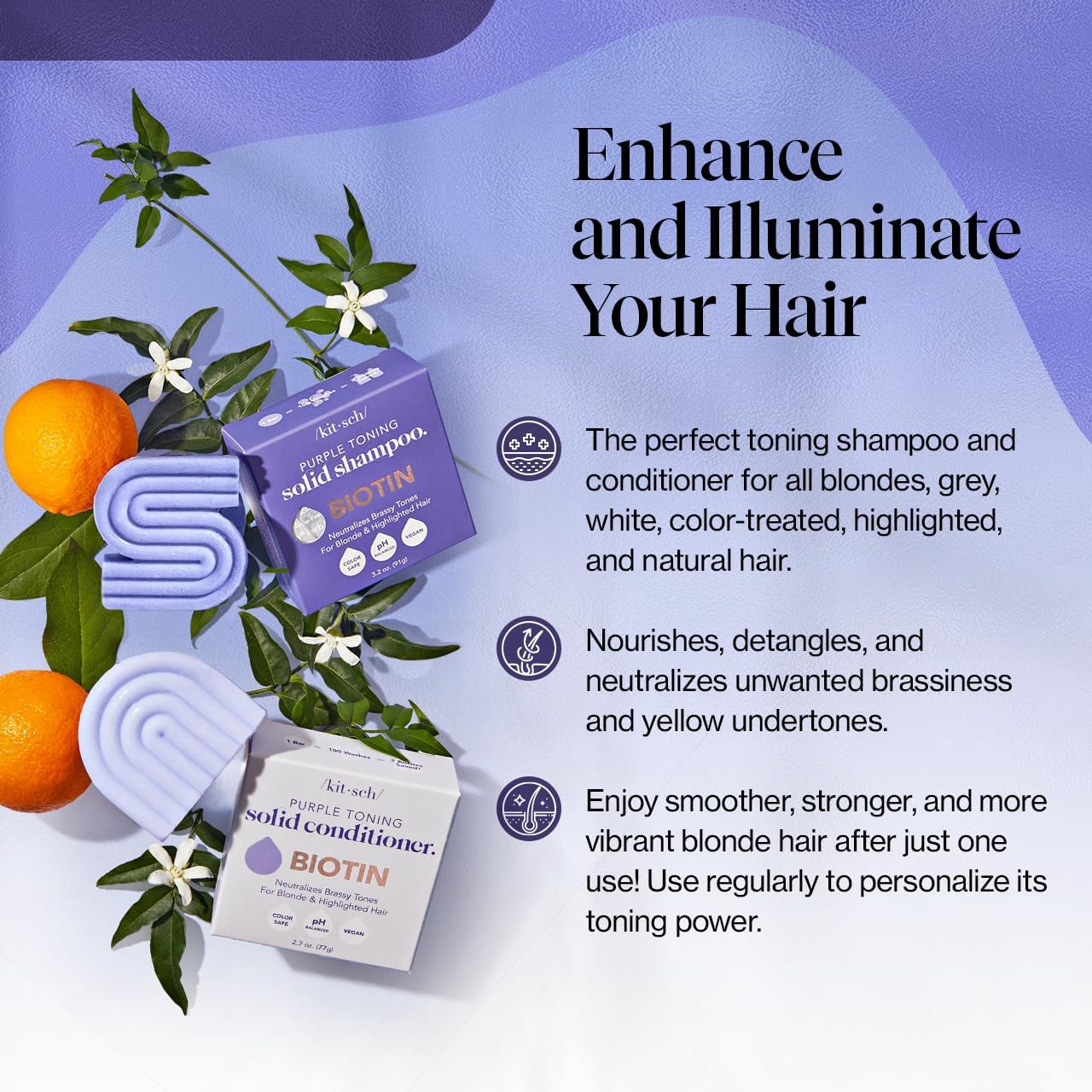 Kitsch Toning Purple Conditioner Bar closeup shows color-treated hair conditioning