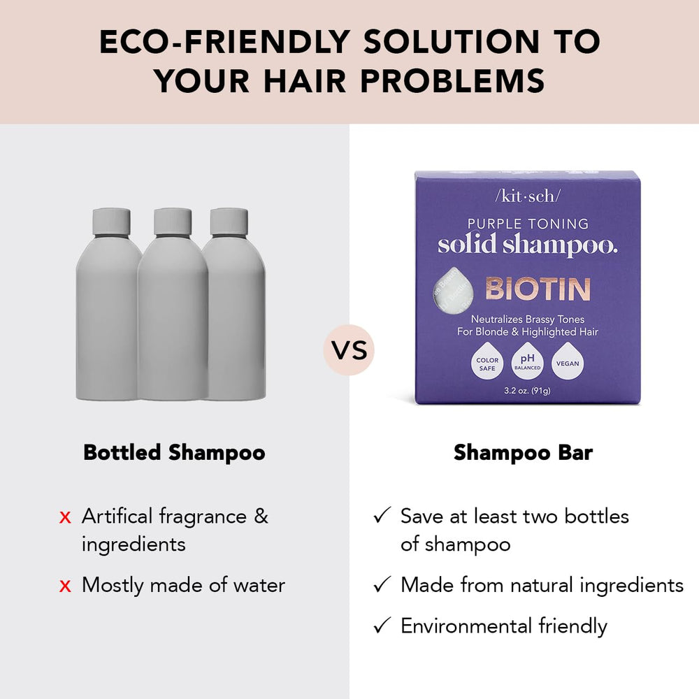 Kitsch purple shampoo bar lather with biotin boosts hair strength.
