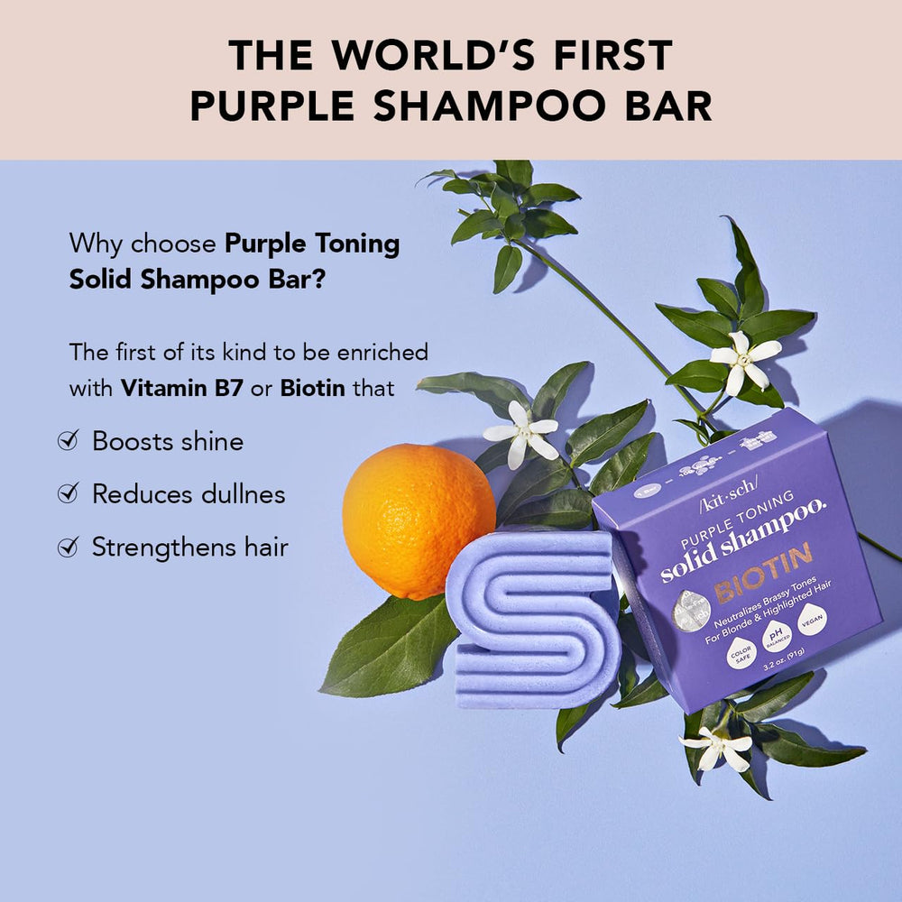 Kitsch toning purple shampoo bar packaging showcases sustainable design for travel.