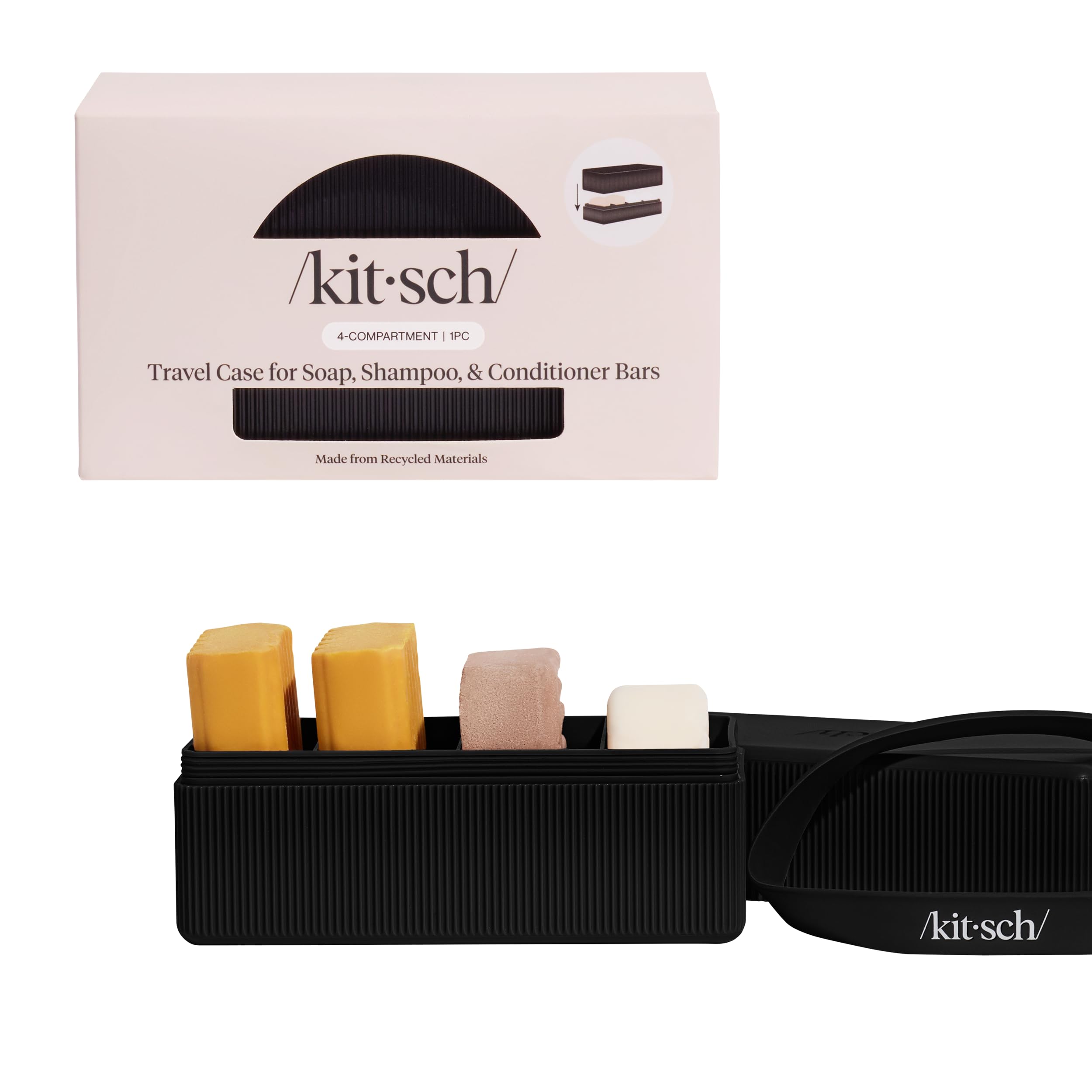 Kitsch travel soap case in bathroom shows leak-proof band keeping bars dry.