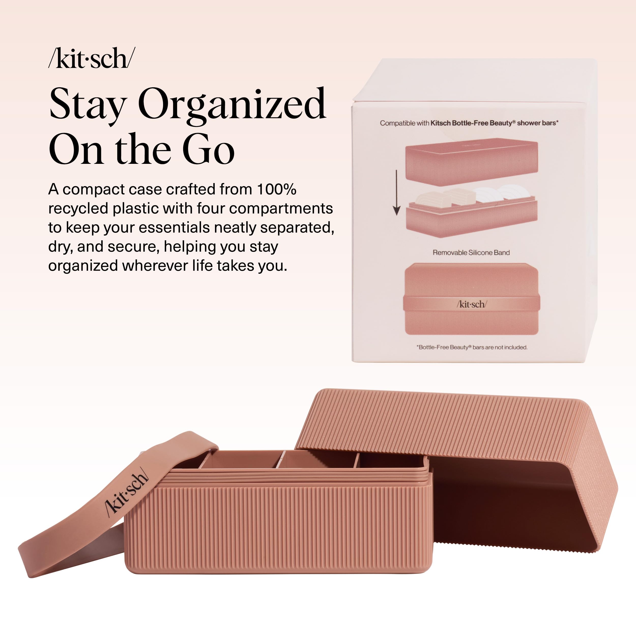 Kitsch 4-Compartment Travel Soap Case leak-proof band secures bars and prevents leaks.