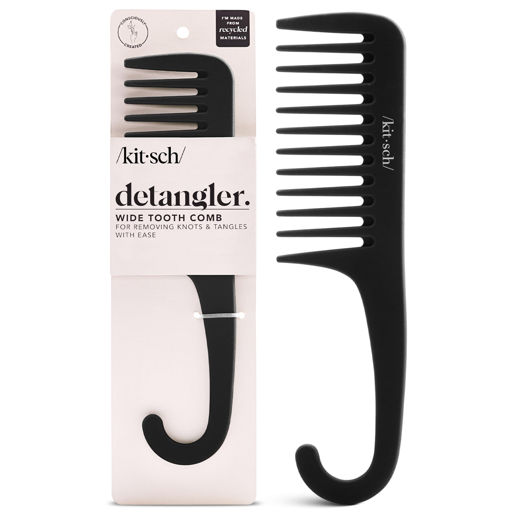 Kitsch wide-tooth detangler curve-handle enables easy detangling on wet or dry hair.
