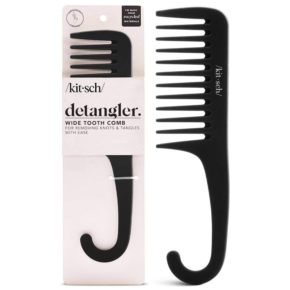 Kitsch wide-tooth detangler curve-handle enables easy detangling on wet or dry hair.
