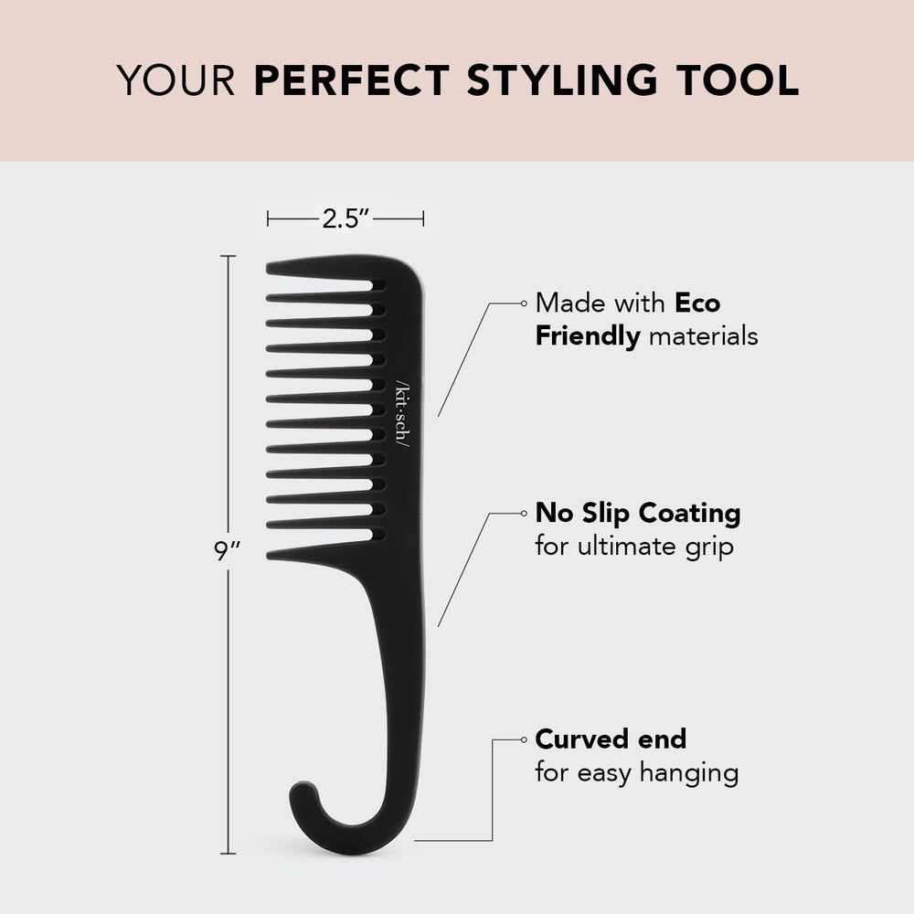 Kitsch wide-tooth detangler in hand gently loosens curls without disrupting texture.