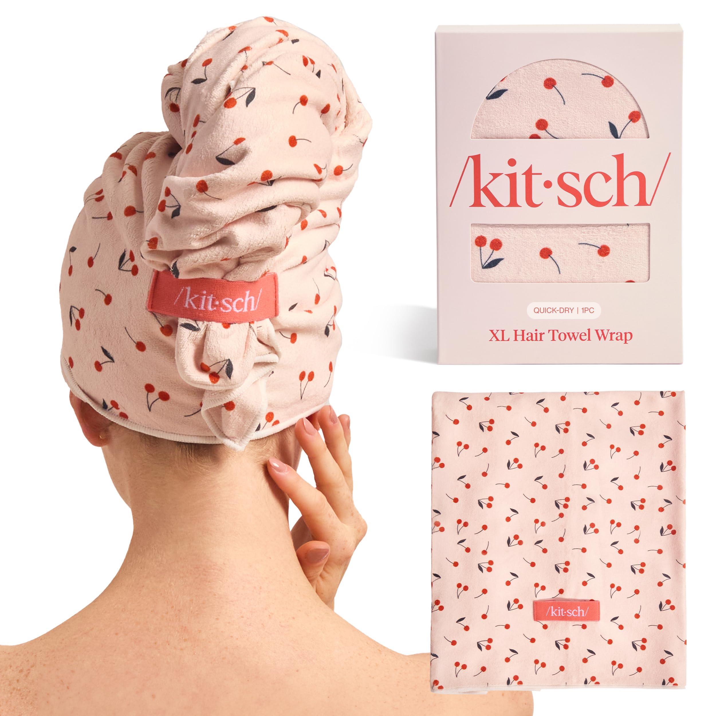 Kitsch XL microfiber hair towel wrap in cherry print for fast drying and frizz prevention.