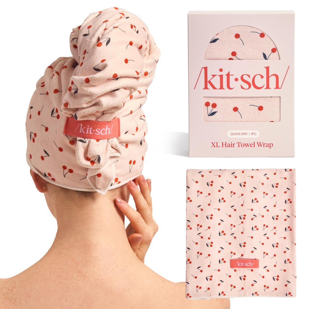 Kitsch XL microfiber hair towel wrap in cherry print for fast drying and frizz prevention.