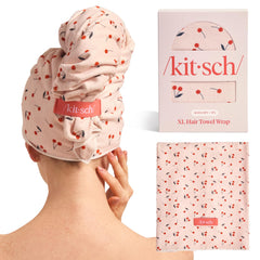 Kitsch XL microfiber hair towel wrap in cherry print for fast drying and frizz prevention.