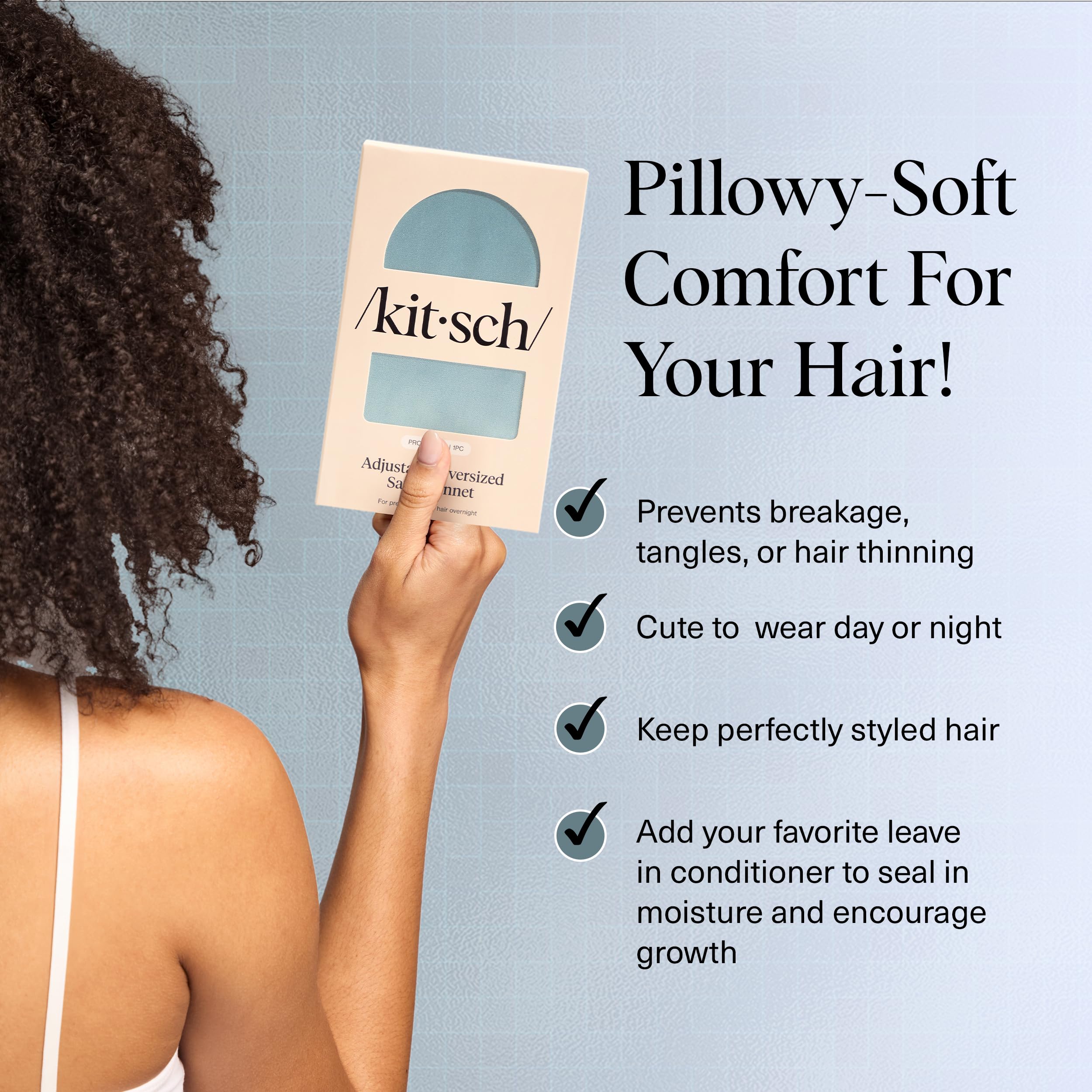 Kitsch XL satin bonnet adjustable-fit-ties demonstrate secure night comfort and personalized sizing for curls.