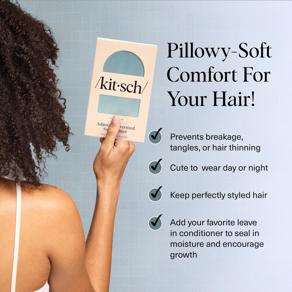 Kitsch XL satin bonnet adjustable-fit-ties demonstrate secure night comfort and personalized sizing for curls.