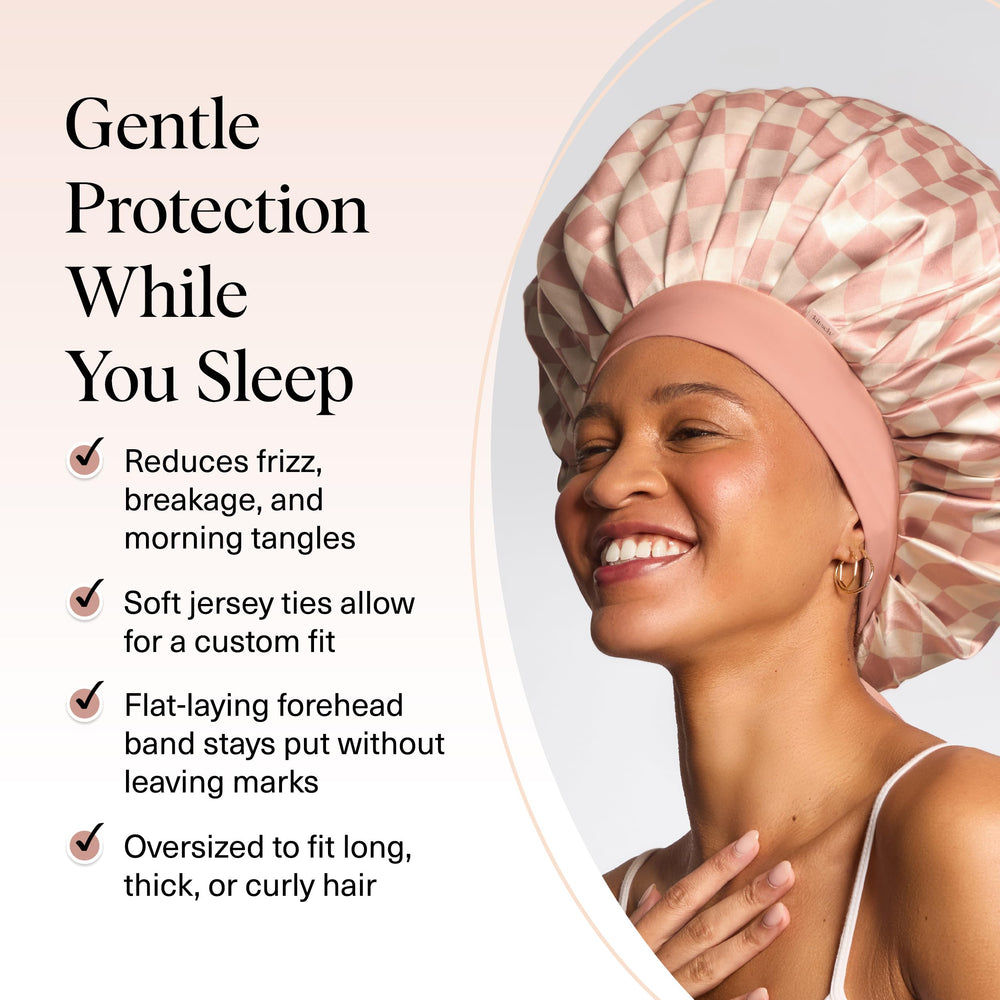 Kitsch XL Satin Bonnet with adjustable ties shows frizz prevention for curls.