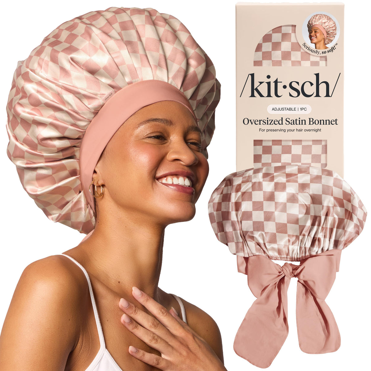 Kitsch XL Satin Bonnet closeup terracotta checker preserves moisture and reduces friction.