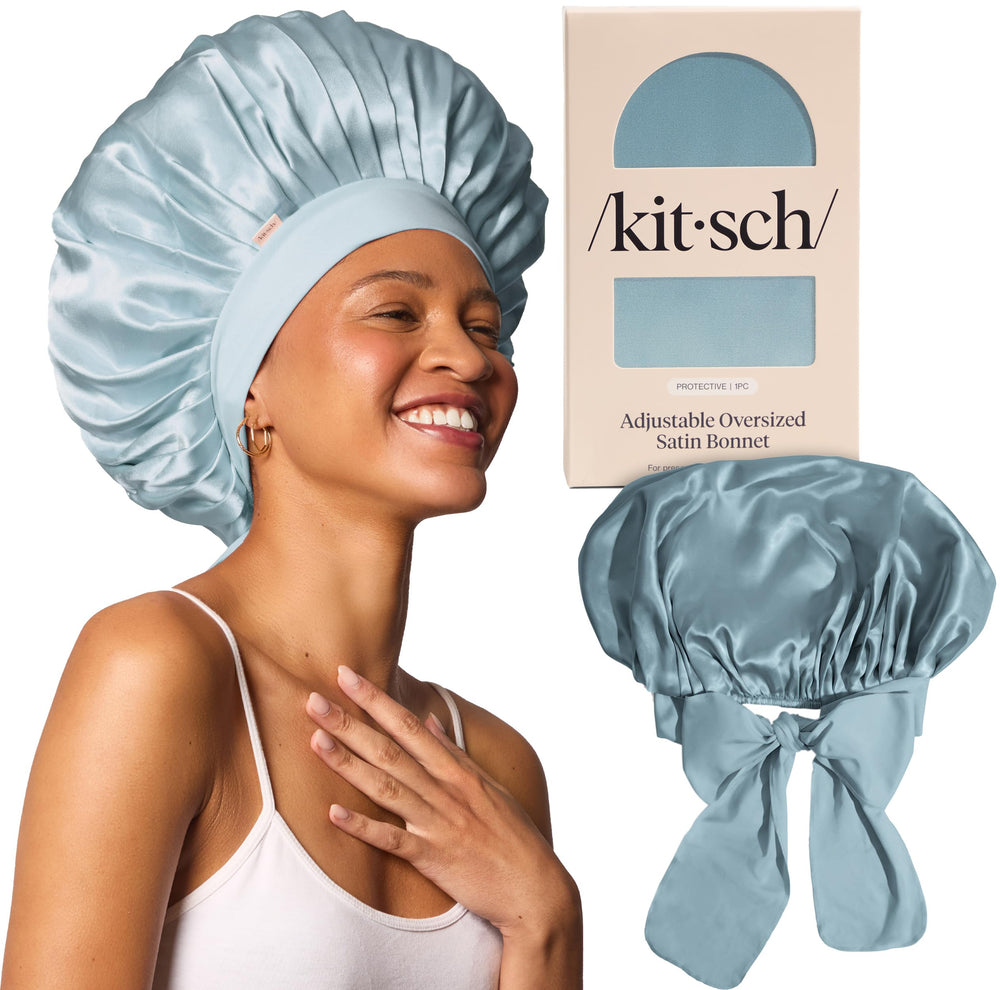 Kitsch XL satin bonnet haze-blue closeup shows gentle satin reducing friction for smoother morning hair.